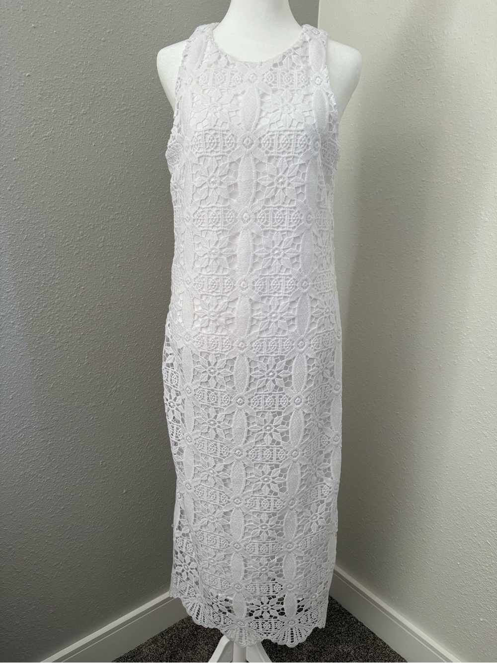 Vince Camuto White Crochet Lace Midi Dress Sleeveless Shift Dress Size Small